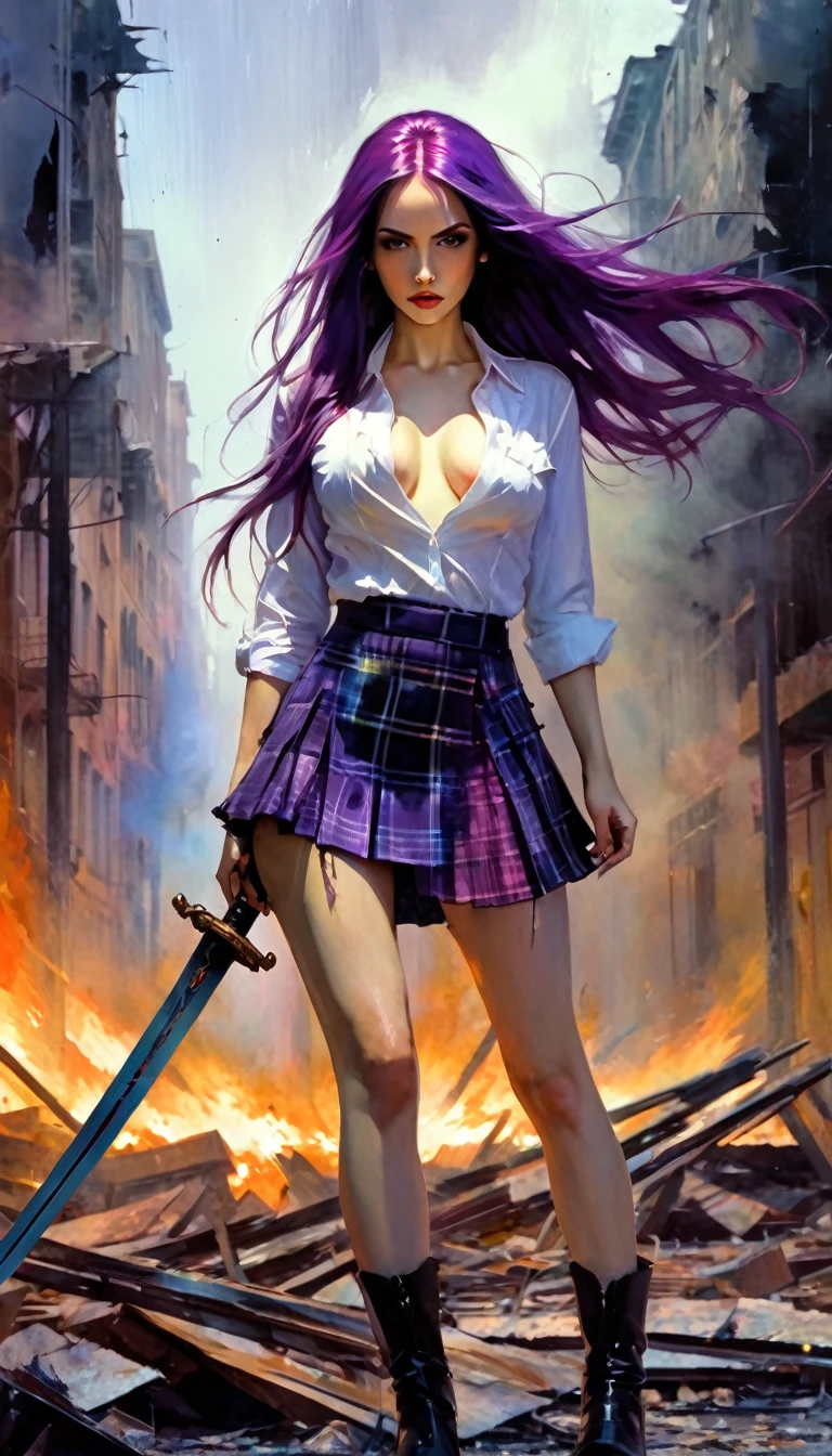 a very sexy girl, long purple hair, open shirt, plaid skirt, holding a sword in a dynamic position, in a scene of a destroyed city with fire, (best quality,4k,8k,highres,masterpiece:1.2),ultra-detailed,(realistic,photorealistic,photo-realistic:1.37),oil painting,concept art,dynamic,dramatic lighting,vibrant colors,moody atmosphere  (art inspired by Bill Sienkiewicz ). oil painting)