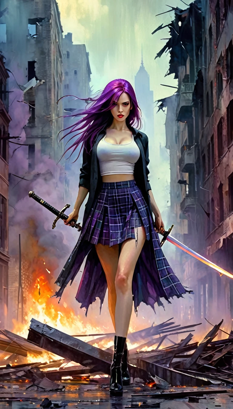 a very sexy girl, long purple hair, open shirt, plaid skirt, holding a sword in a dynamic position, in a scene of a destroyed city with fire, (best quality,4k,8k,highres,masterpiece:1.2),ultra-detailed,(realistic,photorealistic,photo-realistic:1.37),oil painting,concept art,dynamic,dramatic lighting,vibrant colors,moody atmosphere (art inspired by Bill Sienkiewicz ). oil painting)
