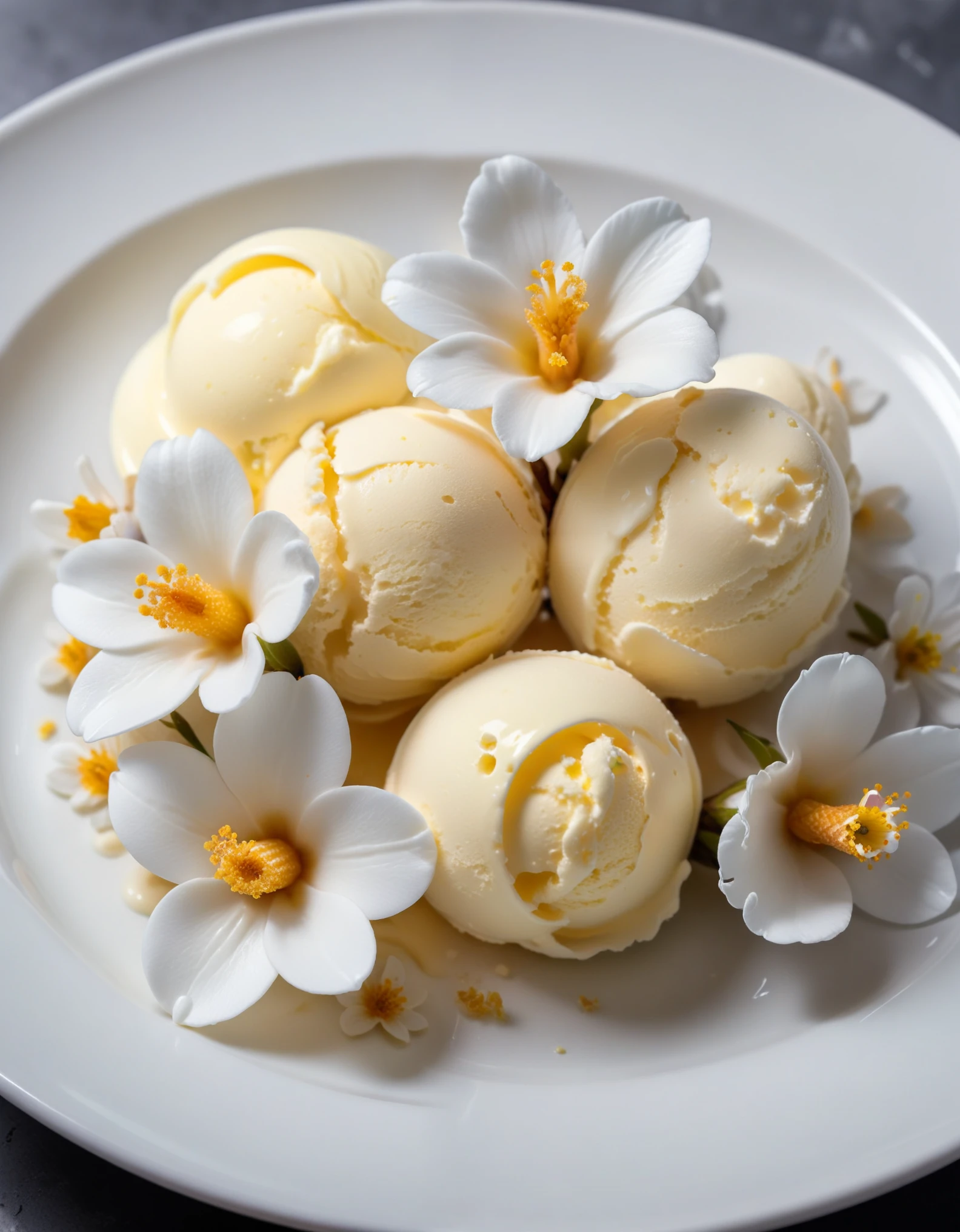 (vanilla flowers and vanilla ice cream on a white plate), closeup, macroscopic photo, hyperdetalization, hyperrealism, beautiful foreshortening, cinematic, glow, reflexes, illuminated ((dominant three colors))