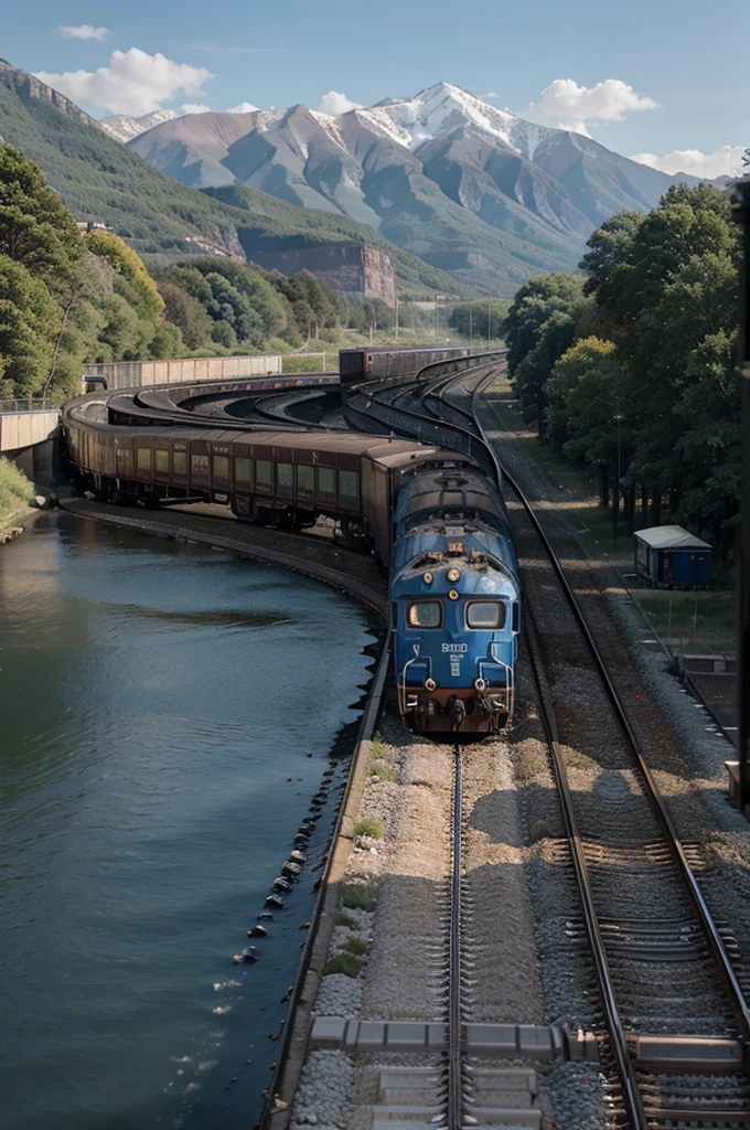 A blue train pulls freight cars across the lake 