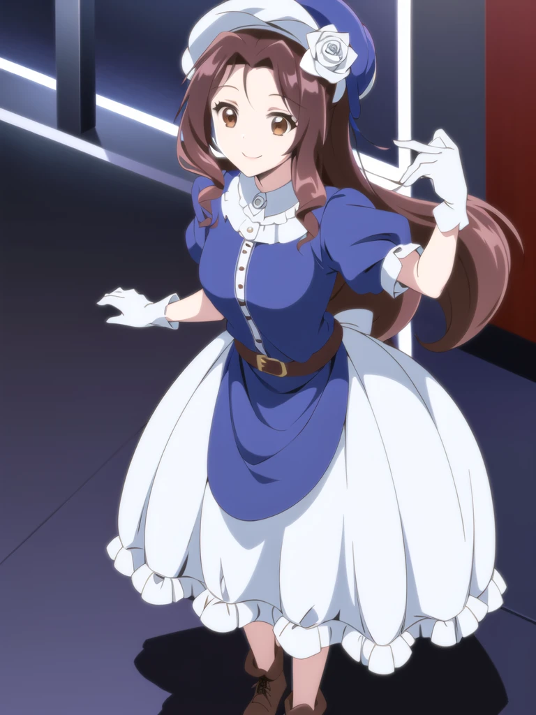 ((Best quality))),((Ultra-detailed)),((illustration)),((Disheveled hair)),((frilld)),(1 girl),(Solo), 1girl,flower,hat,rose,solo,standing,white_rose,rating:safe,belt,black_footwear,blue_dress,blue_hat,blue_headwear,boots,borzoi,clothing,cross-laced_footwear,dog,dress,female,female_only,footwear,gloves,hat_flower,headwear,long_hair,looking_at_viewer,makaria,smile,white_gloves, brown hair,brown_eyes,