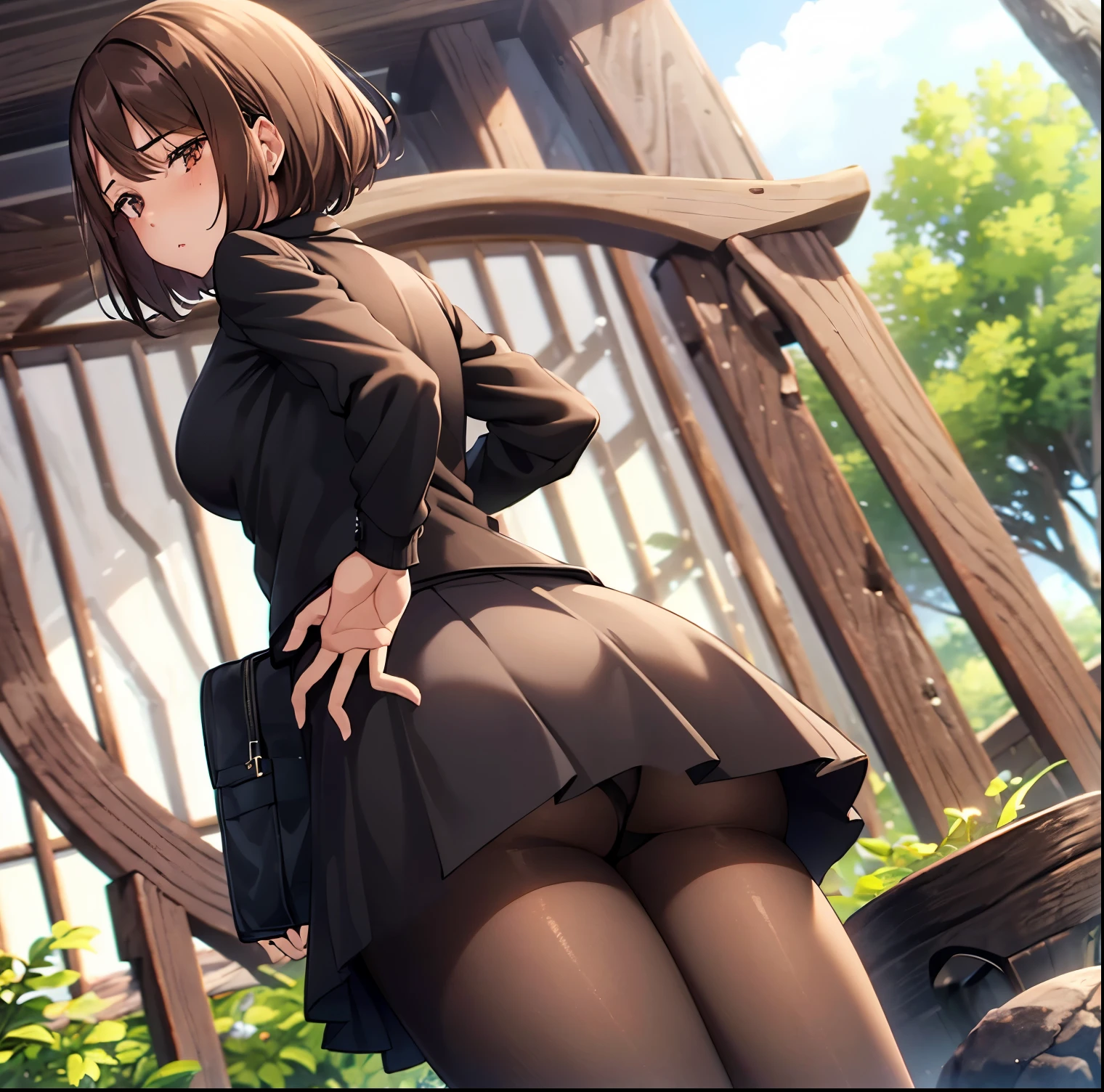 (1girl),(alone),shoko Ieiri,masterpiece,best quality,high resolution,ultra detailed,brown eyes,(mole under eye: 0.8),short hair,brown hair,swept bangs,dynamic pose,body curvy,cowboy shot,detailed bottom,detailed eyes,young girl,,high collar,(black jacket:1.4),long sleeves,(black skirt:1.4),(short skirt:1.3),(black pantyhose :1.2),black loafers,(skirt rise:1.4),(pants over pantyhose:1.2),(blush:1.2),(embarrassment:1.4),medium breasts, narrow waist, wide hips, medium thighs, round butt, (1girl),(sólo),standing,outdoor ((outdoor,garden,japanese farm,sunny,clouds),lace-trimmed panties, looking back,from behind,((focus on butt)),pov(from below),perfect anatomy , perfect hands,
