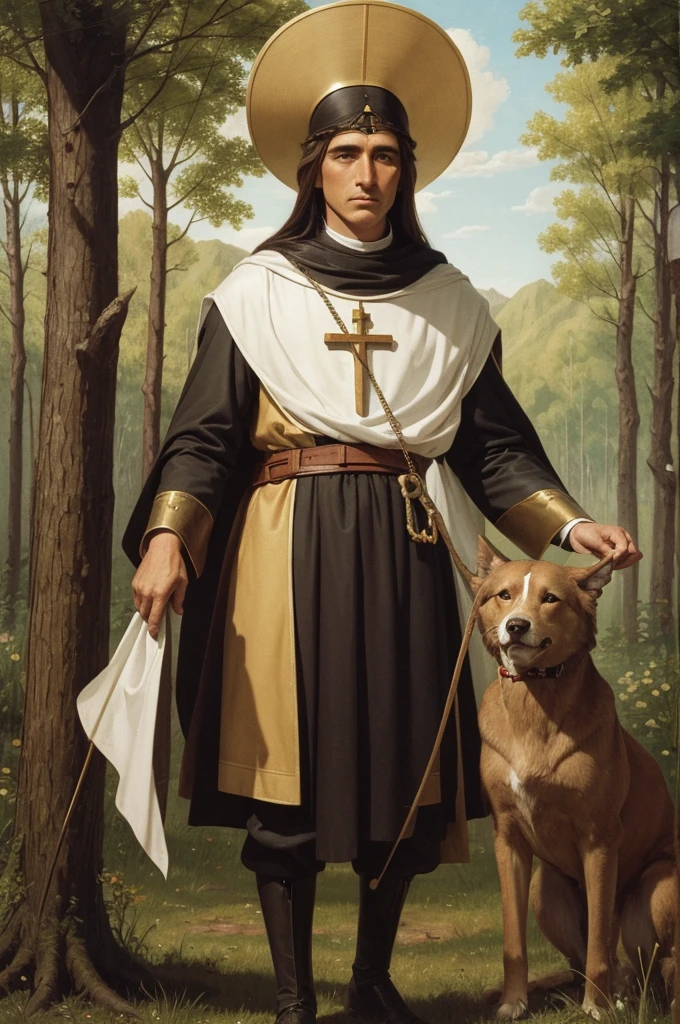 Saint Humberto, German, patron saint of hunters, in bishop's clothes, before a deer with a fiery cross