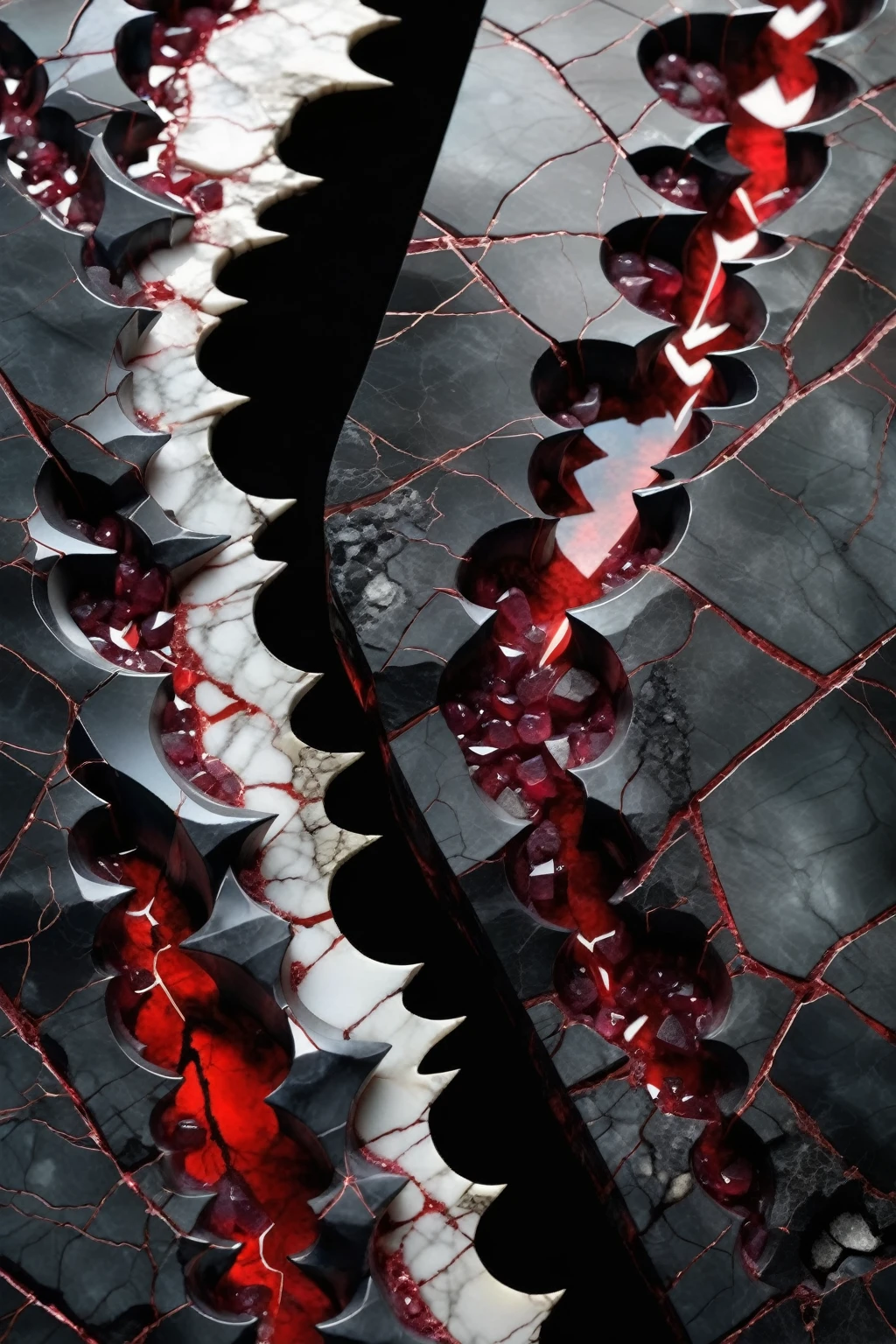 a beautiful abstract image of fractured obsidian with red ruby shards embedded in between the cracks, highly detailed, intricate design, marble material, BY Anne Bachelier,