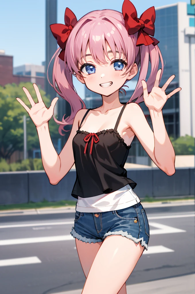 masterpiece, best quality, highres, 1girl, aanodoka, twintails, hair bow, camisole,denim shorts, outdoors, smile, waving,,,,looking viewer,,spoken heart,***,(petite),,thigh,grin,