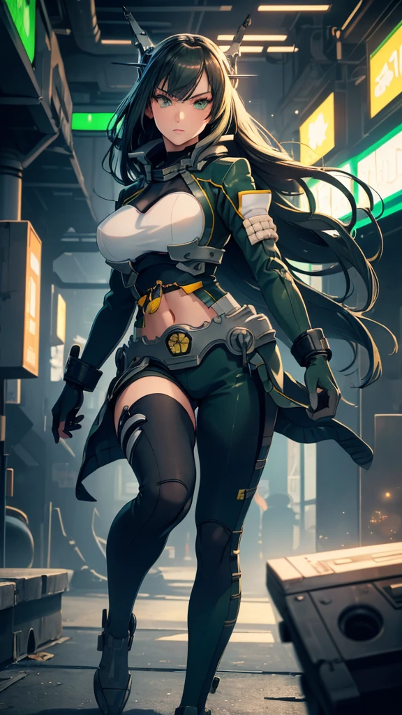 masterpiece, highest quality, (solo focus), (perfect face:1.1), (full body), (high detail:1.1), (hyper detailed eyes), dramatic, a woman with paleskin and long dark green hair, green eyes, solo, arrogant expression, neon cybernetic outfit, white background, art by artgerm, cinematic lighting, fashion, BalenciagaStyle