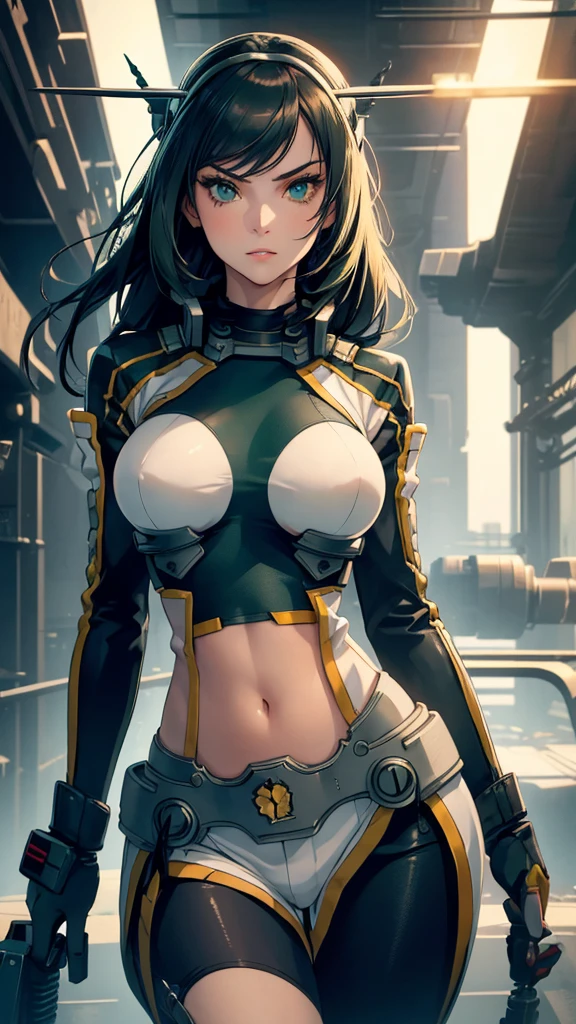 masterpiece, highest quality, (solo focus), (perfect face:1.1), (full body), (high detail:1.1), (hyper detailed eyes), dramatic, a woman with paleskin and long dark green hair, green eyes, solo, arrogant expression, neon cybernetic outfit, white background, art by artgerm, cinematic lighting, fashion, BalenciagaStyle