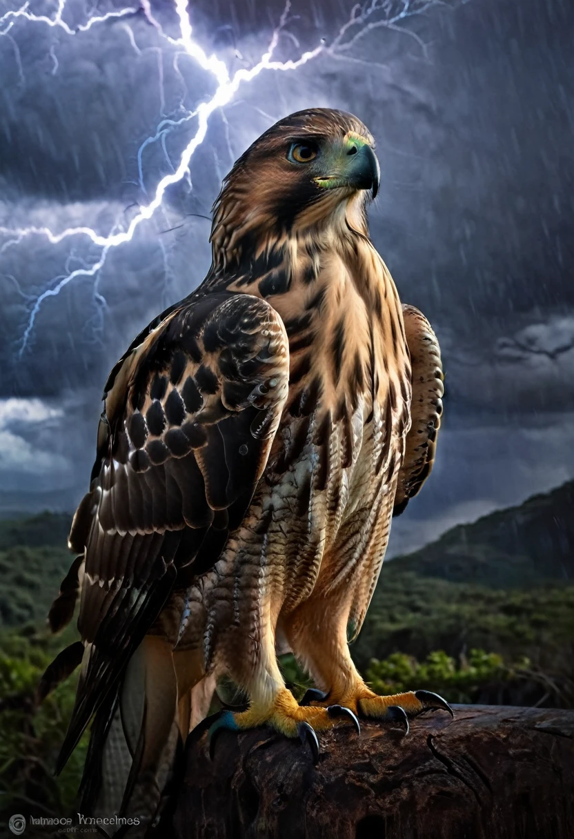 A powerful and intense image of a fierce hawk named "Hawk Tua" spitting fire on a mysterious object. The hawk is depicted as majestic and strong, with intricate feathers and a fierce gaze. The object, glowing with an otherworldly aura, is suspended in the air, as if it's the source of the hawk's anger. The background is a dark, stormy sky, with lightning streaking across it, adding to the dramatic atmosphere.