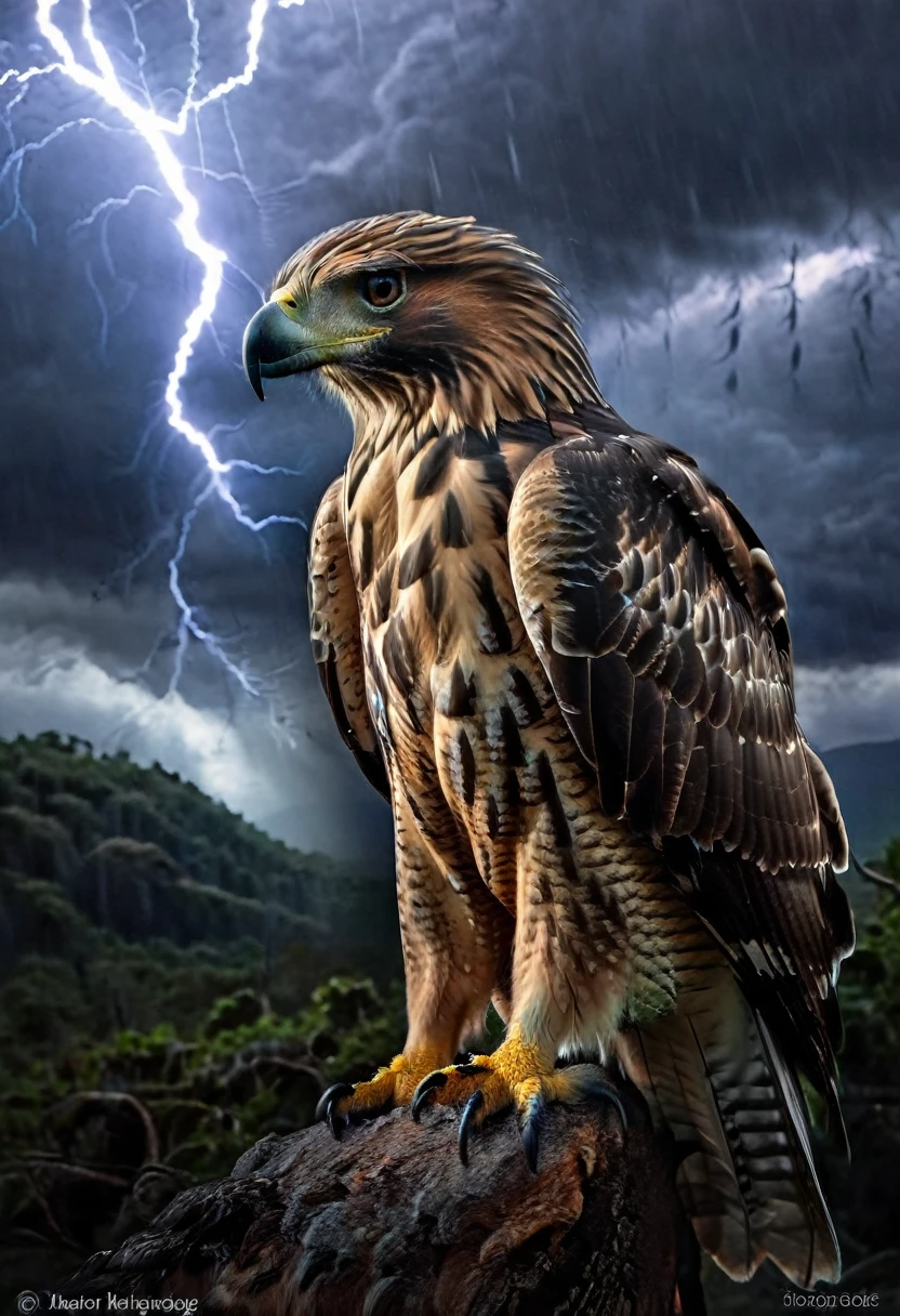 A powerful and intense image of a fierce hawk named "Hawk Tua" spitting fire on a mysterious object. The hawk is depicted as majestic and strong, with intricate feathers and a fierce gaze. The object, glowing with an otherworldly aura, is suspended in the air, as if it's the source of the hawk's anger. The background is a dark, stormy sky, with lightning streaking across it, adding to the dramatic atmosphere.