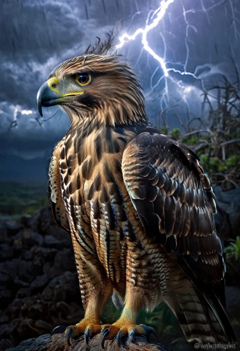 A powerful and intense image of a fierce hawk named "Hawk Tua" spitting fire on a mysterious object. The hawk is depicted as majestic and strong, with intricate feathers and a fierce gaze. The object, glowing with an otherworldly aura, is suspended in the air, as if it's the source of the hawk's anger. The background is a dark, stormy sky, with lightning streaking across it, adding to the dramatic atmosphere.