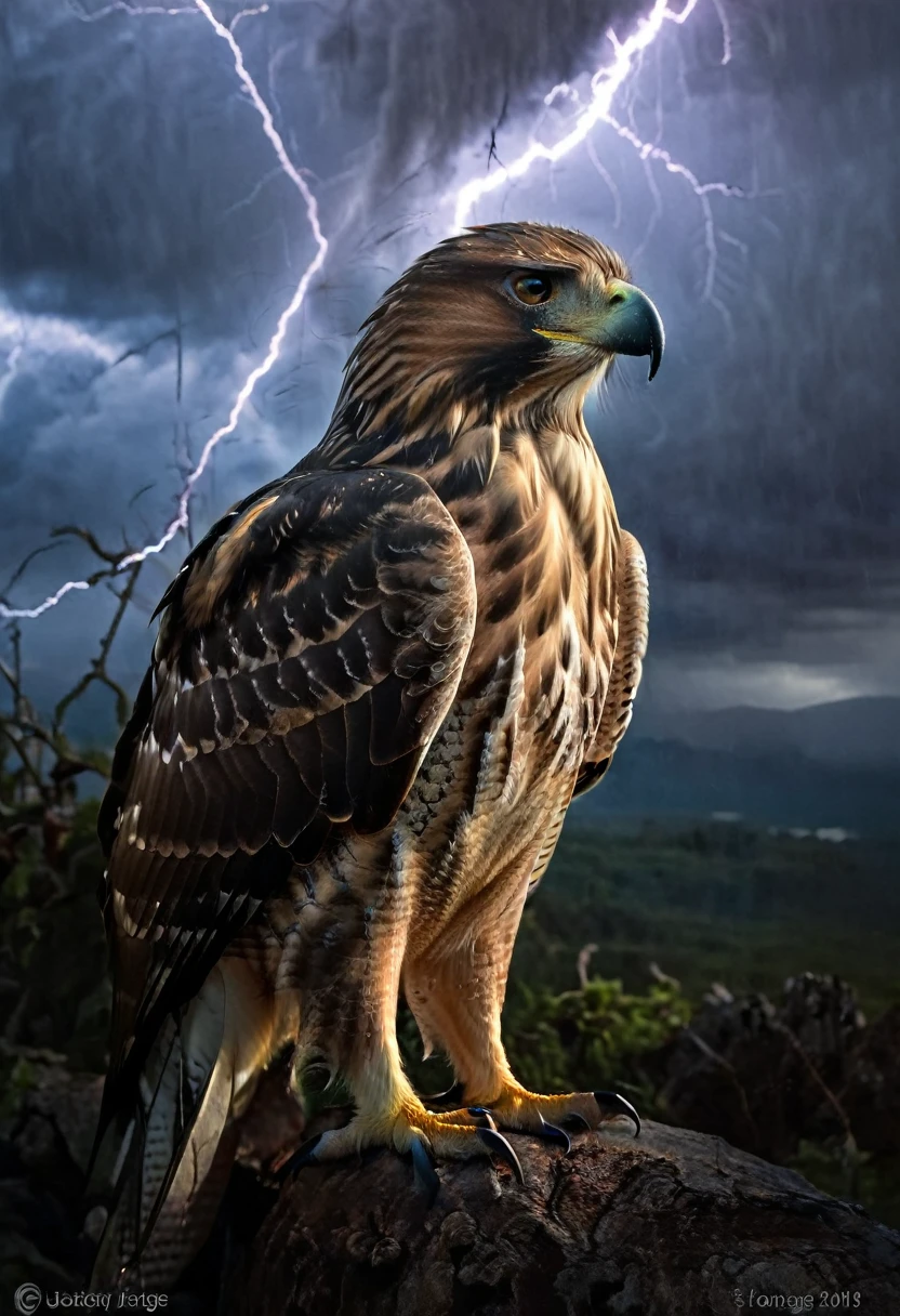 A powerful and intense image of a fierce hawk named "Hawk Tua" spitting fire on a mysterious object. The hawk is depicted as majestic and strong, with intricate feathers and a fierce gaze. The object, glowing with an otherworldly aura, is suspended in the air, as if it's the source of the hawk's anger. The background is a dark, stormy sky, with lightning streaking across it, adding to the dramatic atmosphere.