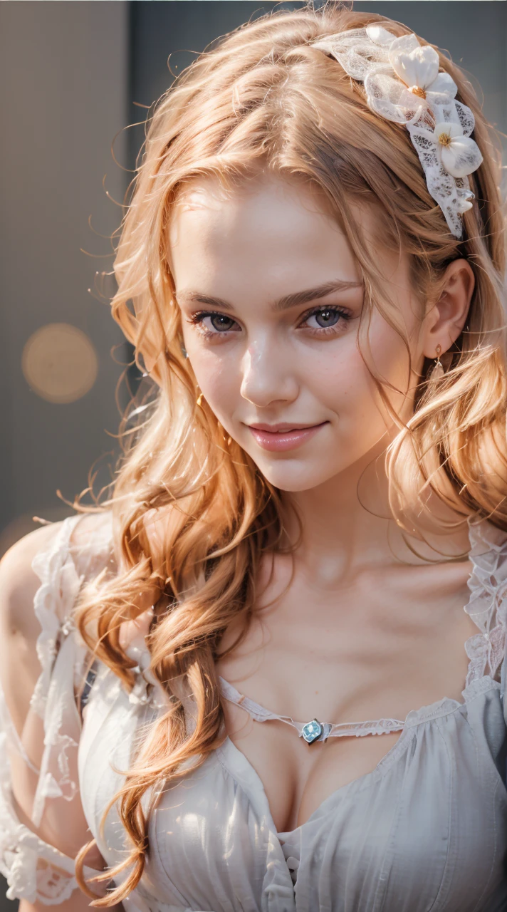 A stunningly lifelike portrait captures a 26-year-old girl with red eyes and beautiful European features. Smile, girl wearing white dress, girls hair are shiny, healthy and volumous. Girls lips are pink and her eyes are shiny red color