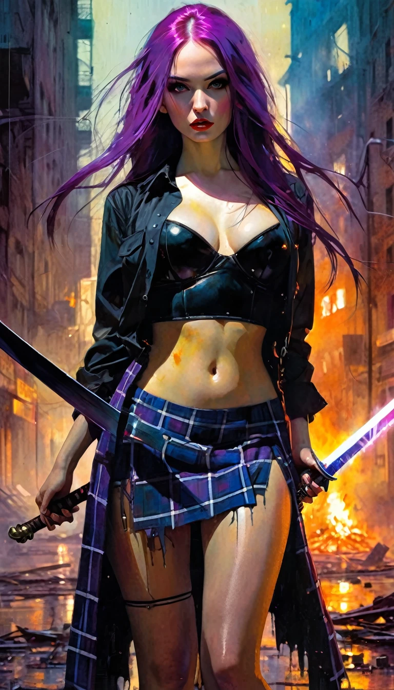 a very sexy girl, long purple hair, open shirt, plaid skirt, holding a sword in a dynamic position, scene of a destroyed city, fire, Darksynth aesthetic, gothic makeup, (best quality,4k,8k,highres,masterpiece:1.2),ultra-detailed,(realistic,photorealistic,photo-realistic:1.37),HDR,UHD,studio lighting,ultra-fine painting,sharp focus,physically-based rendering,extreme detail description,professional,vivid colors,bokeh,intricate details,dramatic lighting,moody atmosphere (art inspired in Bill Sienkiewicz). oil painting)