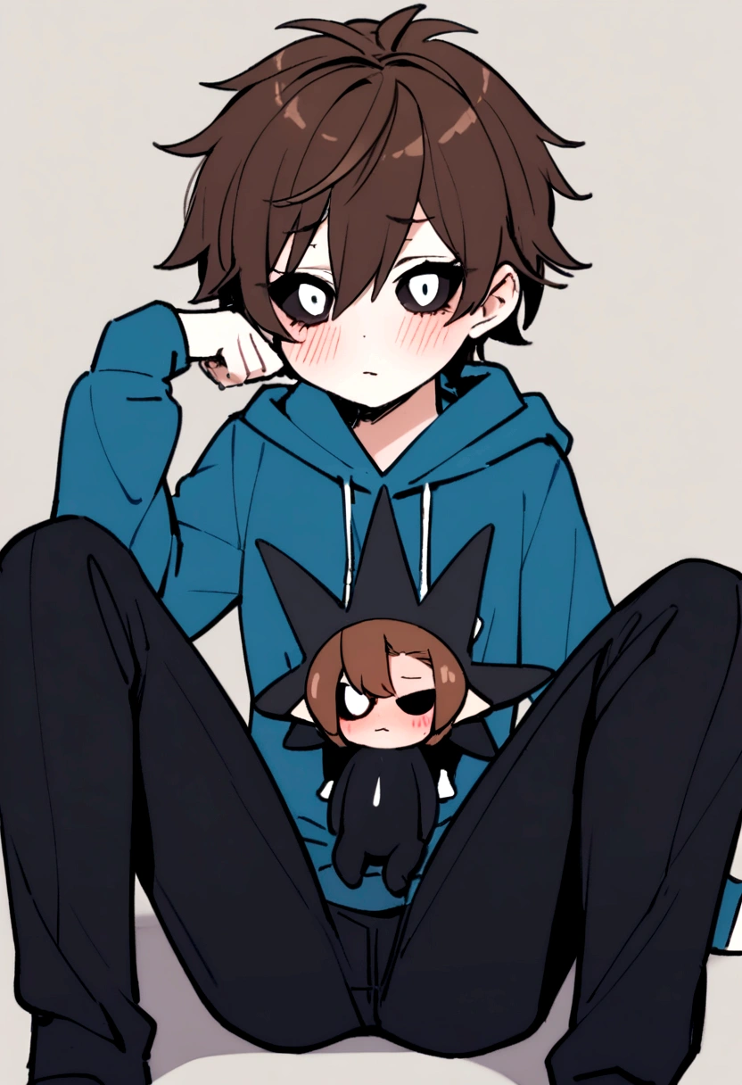  
A boy with black eyes, His sclera is also black and his iris is also black.,with an effeminate body and face, Brown hair, a blue sweatshirt, posing sitting with legs open (blushing), Black pants, and hair in the shape of spikes