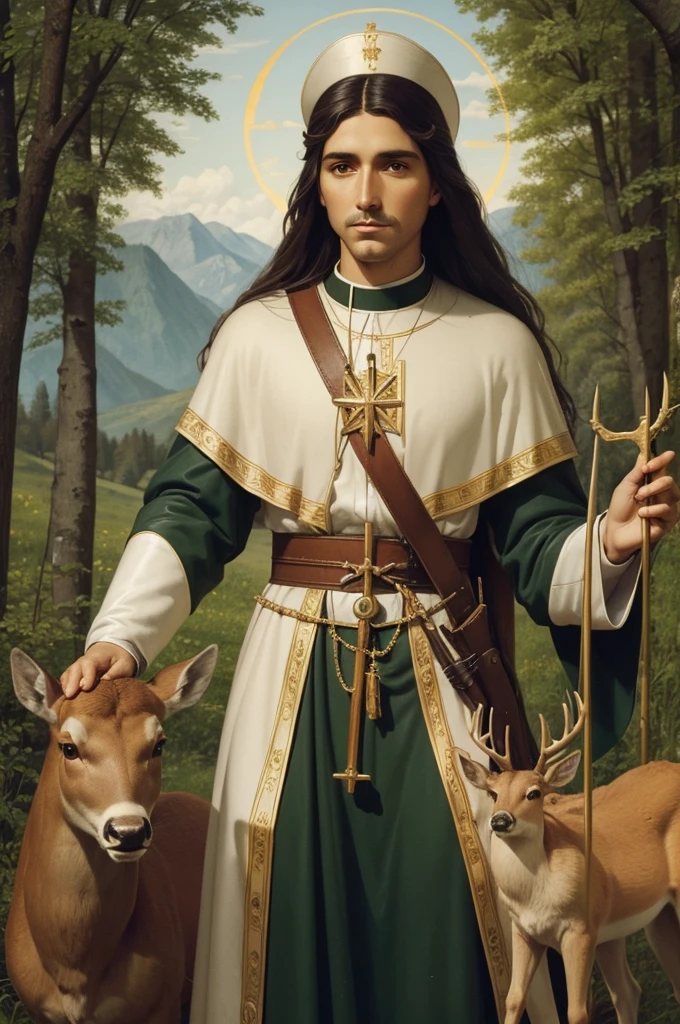 Saint Humberto, German, patron saint of hunters, before a deer with a fiery cross 