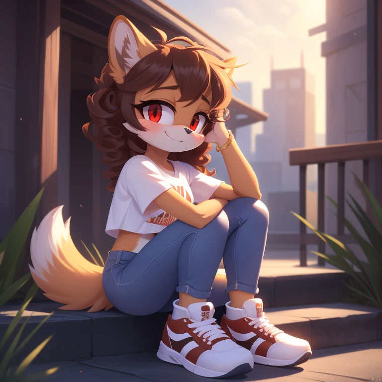 mobian, solo, hedgehog, two-tone fur ((orange fur, brown fur)), cropped blouse t-shirt, bell bottom slim jeans, high-top sneakers, small breasts, two-tone hair (brown hair, black tip)), curly hair, halo, sunglasses, jewelry, red eyes, longeyelashes, red eyes, smile, shy, blush, pose, high detail, masterpiece, UHD, anatomically correct, super detail, highres, 4K