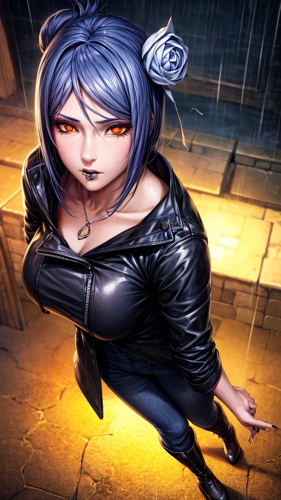 (Ultra-detailed illustration, masterpiece, best quality, absurdres), konan, short hair, hair ornament, blue hair, flower, hair flower, (orange eyes:1.2), (labret piercing:1.2), eyeshadow, mascara, jeans, leather jacket, platform boots, layered necklaces, bold patterns, dramatic makeup, black nail polish, oversized rings, fullbody, wiew from above, close-up shot, glossy lips, raining, dark clouds, cinematic lighting, volumetric lighting, vibrant colors, ray tracing, intricate details, 