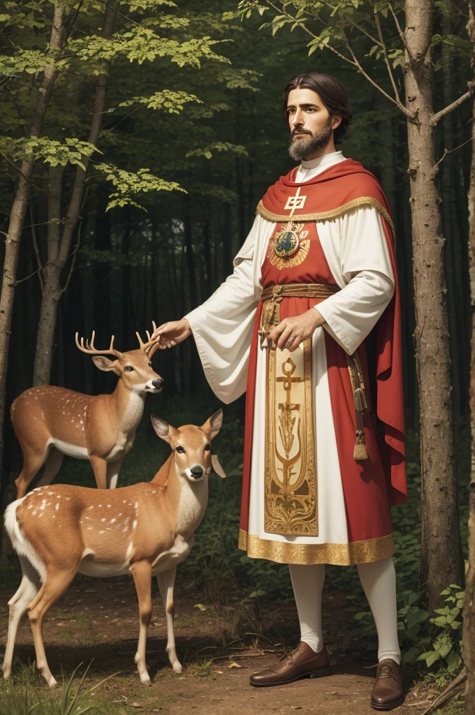 Saint Humberto, German, patron saint of hunters, before a deer with a fiery cross