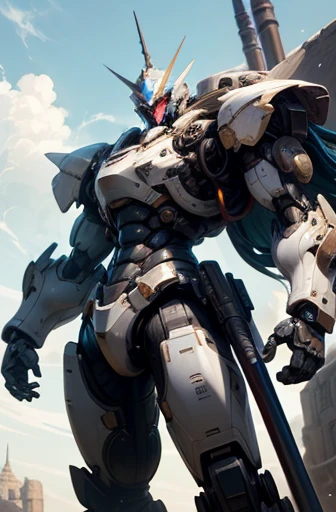 Highest quality、Fantasy、masterpiece、The whole body of a giant robot like Jim、White and sky blue body、No fixed armament、Glossy body with exquisite details、Well-proportioned limbs、Detailed depiction of the knight&#39;Helmet-like head、A precisely drawn Jim-like face、Goggle Eye、Floating in space、Shining in the sunshine、Space War、explosion、light