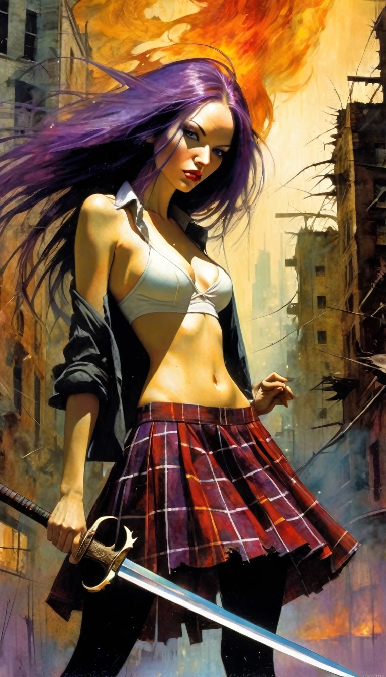 very sexy girl, long purple hair, open shirt, plaid skirt, with a sword in a dynamic position, scene of a destroyed city, fire, (art inspired in Bill Sienkiewicz). oil painting) (best quality,4k,8k,highres,masterpiece:1.2),ultra-detailed,(realistic,photorealistic,photo-realistic:1.37),intricate details,vivid colors,sharp focus,professional,Dave McKean artwork, oil touch of surrealism,oil painting style,