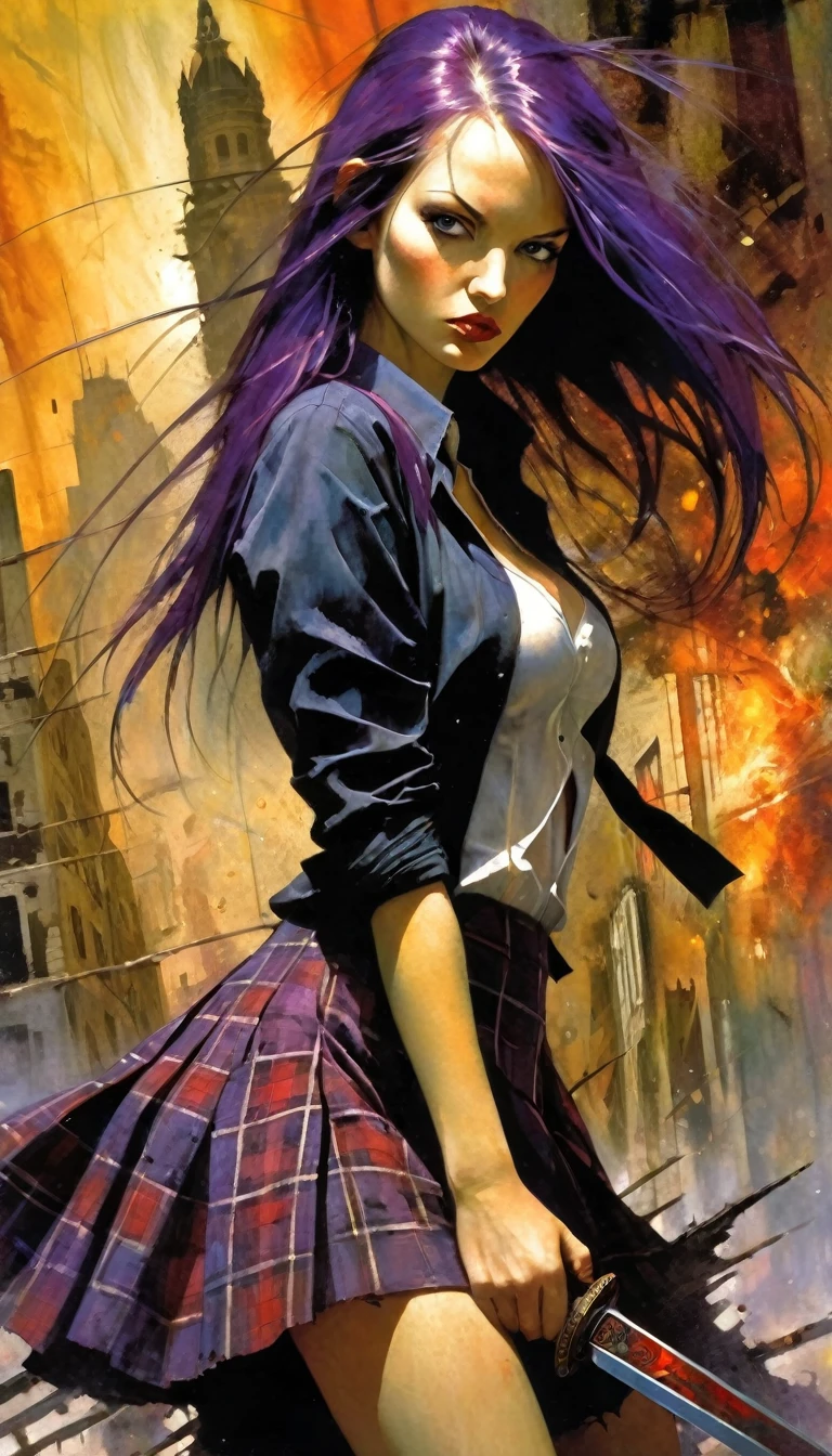 very sexy girl, long purple hair, open shirt, plaid skirt, with a sword in a dynamic position, scene of a destroyed city, fire, (art inspired in Bill Sienkiewicz). oil painting) (best quality,4k,8k,highres,masterpiece:1.2),ultra-detailed,(realistic,photorealistic,photo-realistic:1.37),intricate details,vivid colors,sharp focus,professional,Dave McKean artwork, oil touch of surrealism,oil painting style,