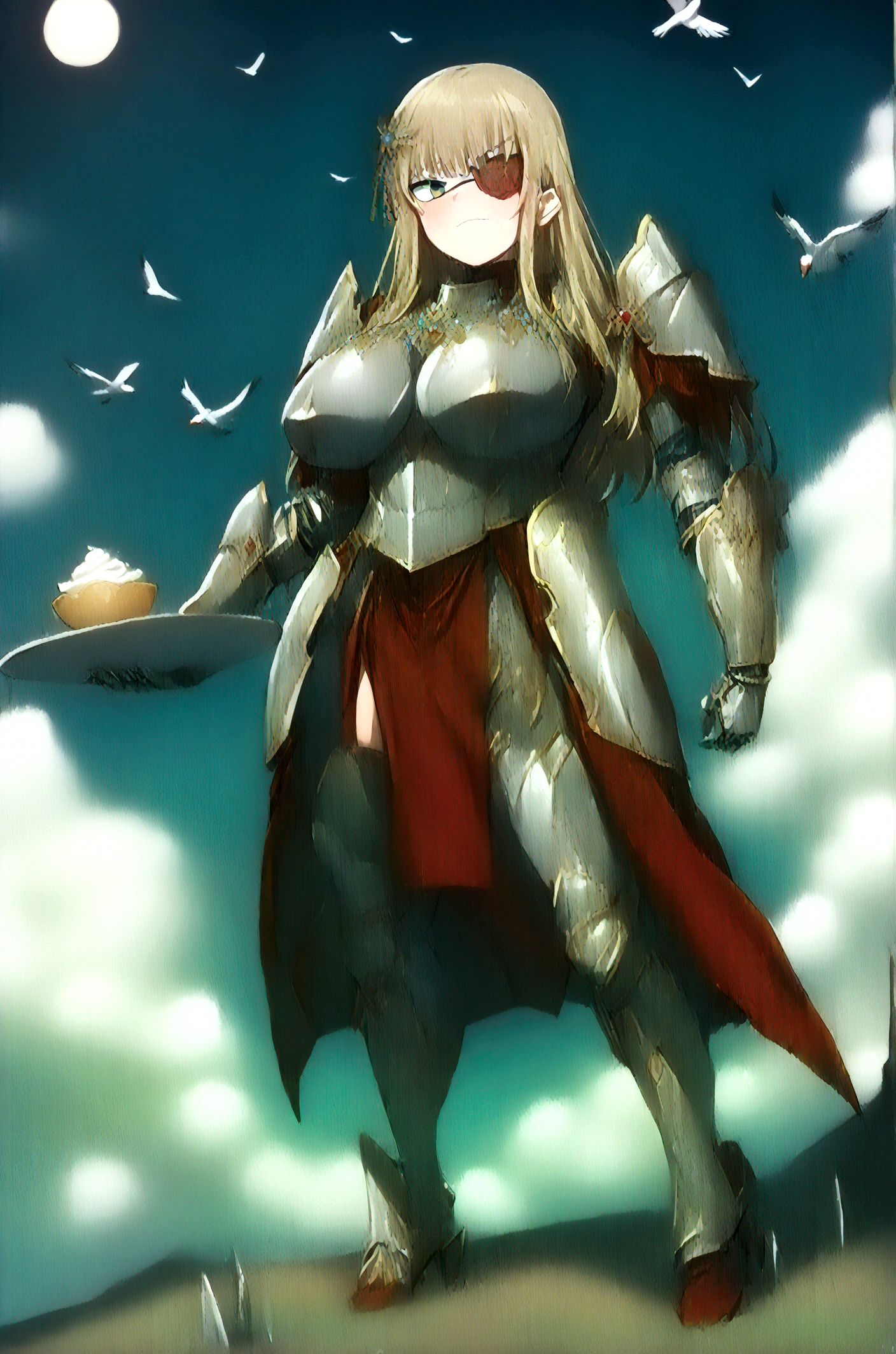 Huge tits bimbo, stern face expression, standing on steep heel, sunny day, ((wearing plate full armor with ornament)), eyepatch, broken spears in the ground around, birds in sky far away