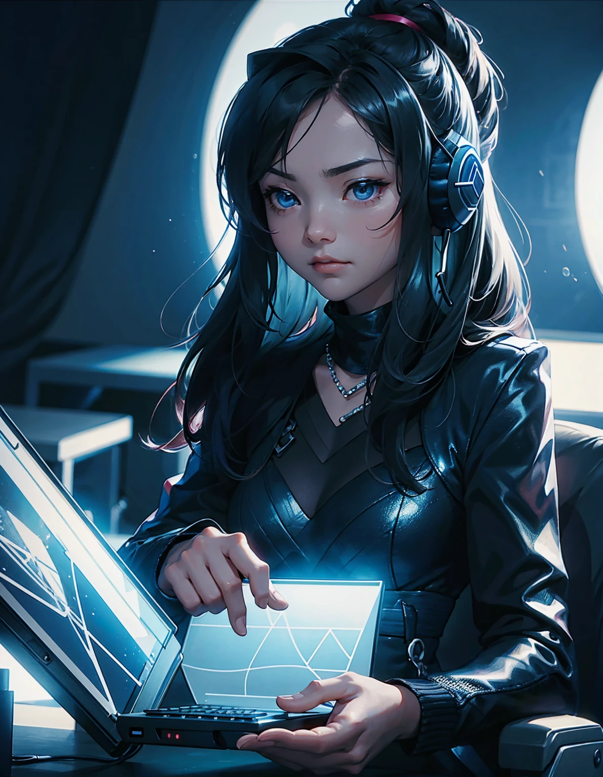 in a dark room at night、A sleepless woman is sitting in front of a computer。She is wearing headphones with a microphone、Holding the game controller tightly。Focus on the screen、Enjoying the game。her expression is serious、It is clear that he is immersed in the world of games.。In contrast to the silence of the room、A fierce battle is unfolding on the screen.。