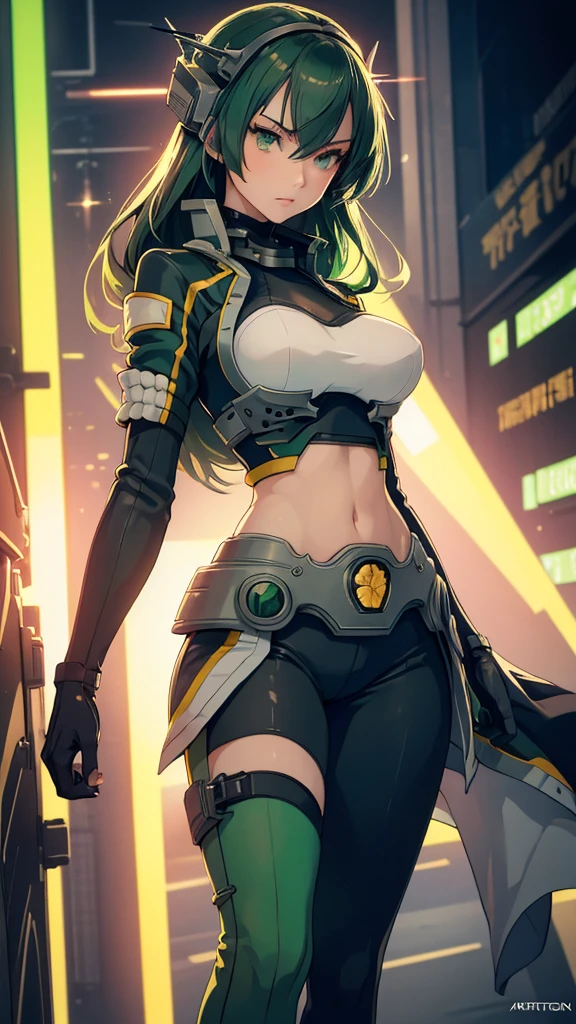 masterpiece, highest quality, (solo focus), (perfect face:1.1), (full body), (high detail:1.1), (hyper detailed eyes), dramatic, a woman with paleskin and long dark gem green hair, green eyes, solo, arrogant expression, neon cybernetic outfit, white background, art by artgerm, cinematic lighting, fashion, BalenciagaStyle