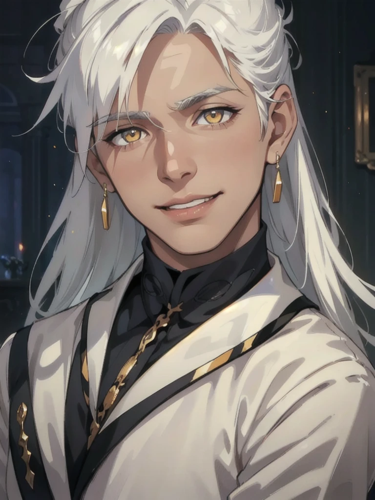 a very dark-skinned person, golden eyes, long white hair, white shirt, smiling, portrait, dark background, (((person))), elongated face, business suit, best quality, 4k, 8k, highres, masterpiece:1.2, ultra-detailed, realistic, photorealistic, photo-realistic:1.37, studio lighting, ultra-fine painting, sharp focus, physically-based rendering, extreme detail description, professional, vivid colors, portraits