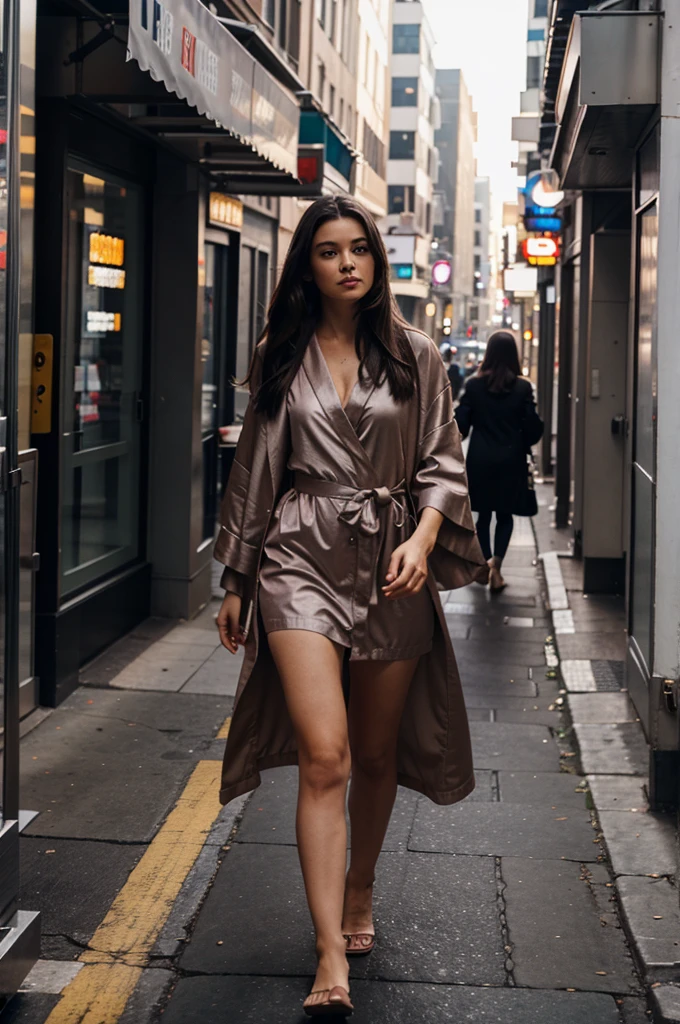 Woman wearing robe walking in the city 