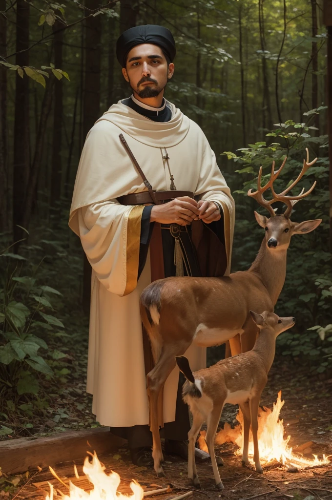 Saint Humberto, patron saint of hunters, kneeling of a deer, cross on fire