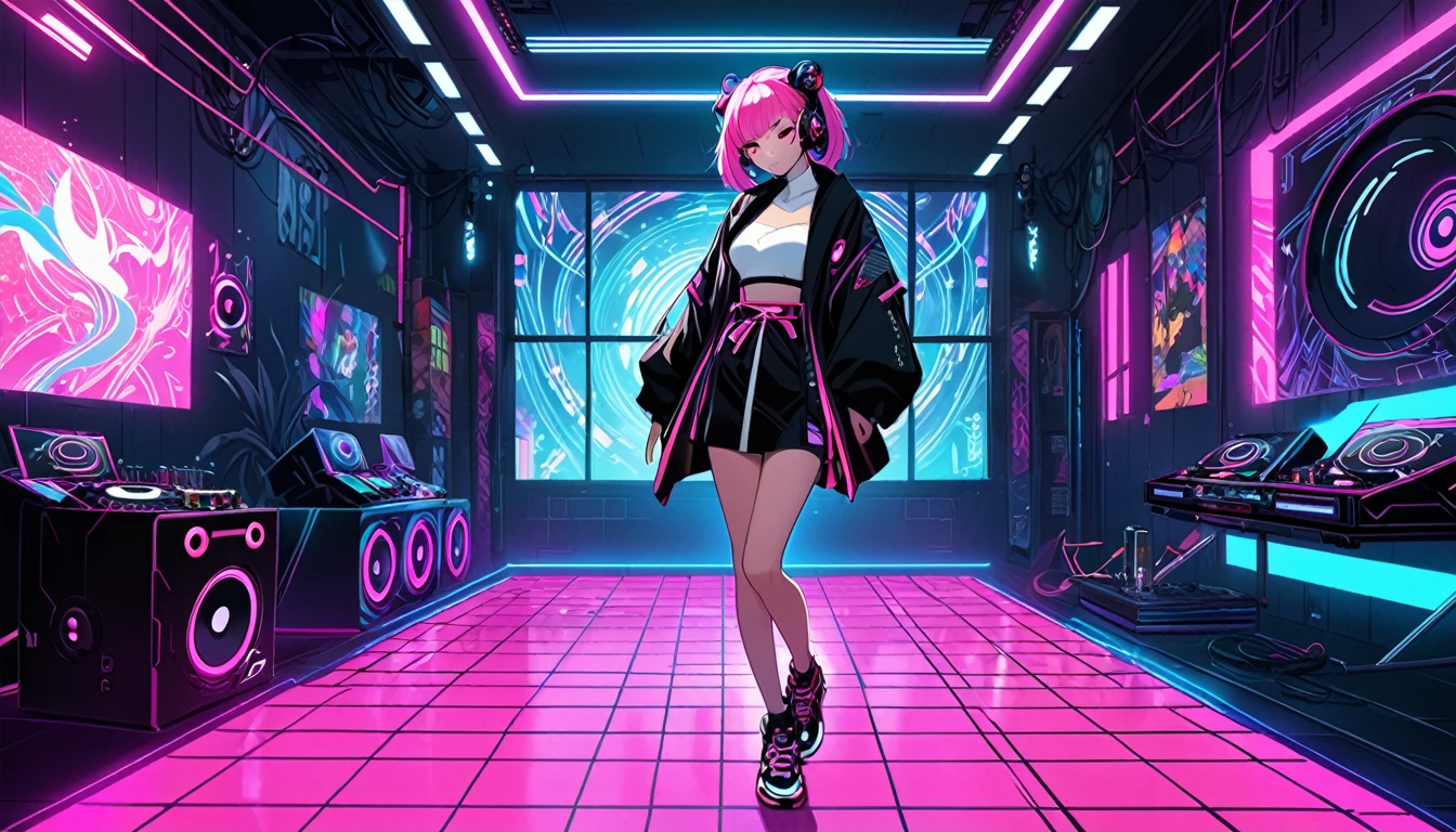 Girl in kimono, ager, full body, cyberpunk, pink eyes, glowing, neon, black coat, open coat, window, DJ, dance floor,