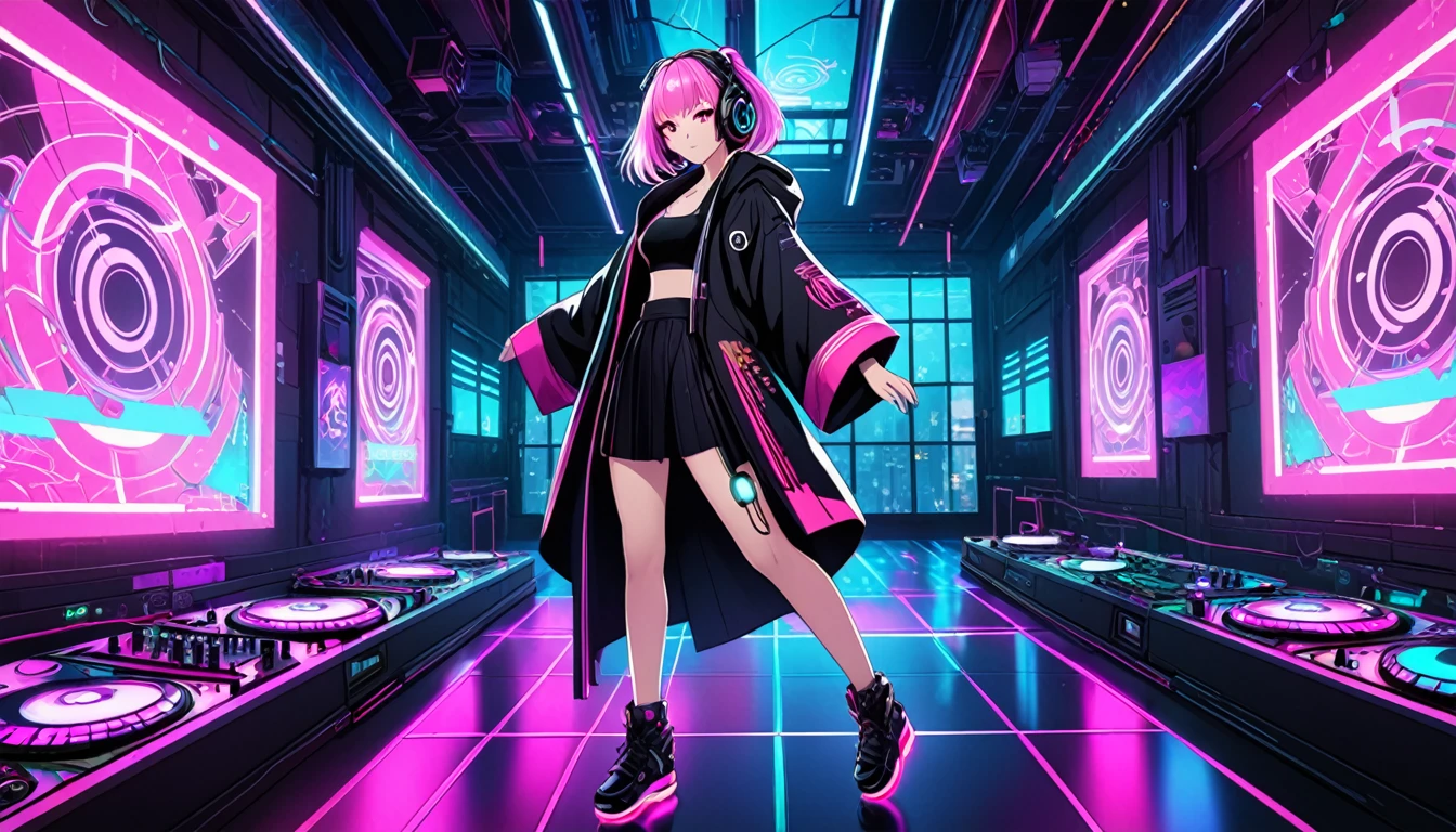 Girl in kimono, teenager, full body, cyberpunk, pink eyes, glowing, neon, black coat, open coat, window, DJ, dance floor,