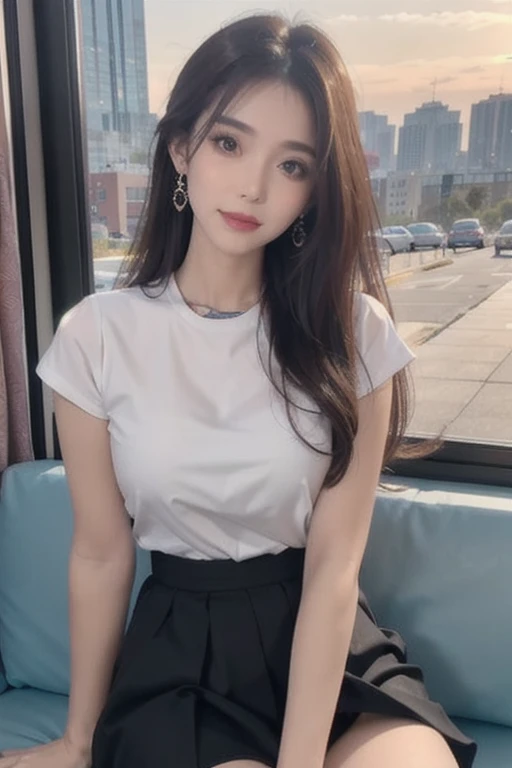 1 beautiful girl, Sad girl, Sit by the window, Long Hair, A beautiful face without blemishes, Rosy Face, Earrings, Brown eyes, Thin eyebrows, The most thorough makeup is the eyelashes, Pink lipstick, lips , Elegant smile, The breasts are full and round, Slim waist, moderately large butt, Long legs, Please wear a thin white shirt that reaches down to your waist., Wearing a black skirt, Thighs, Long Hair, One afternoon, The sun is setting, The sky is orange, Sunny sunset background image, Quality Best image quality, 8K quality, Real Girls, artwork, Upper Body
