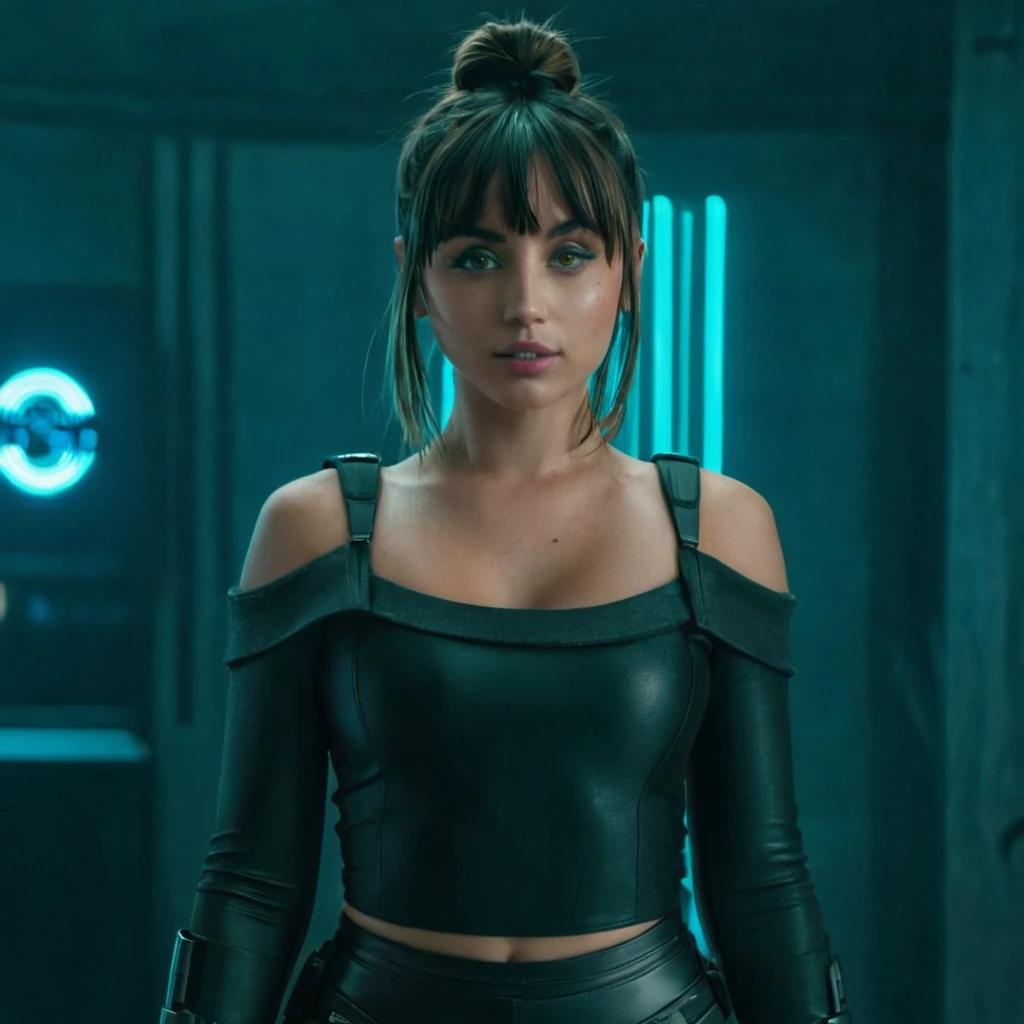 Super high resolution portrait photo of Ana de Armas with bangs and bun, standing in a room, cyberpunk, undressed, F/2.8, canon, 85mm, cinematic, high quality, looking at the camera, big breasts