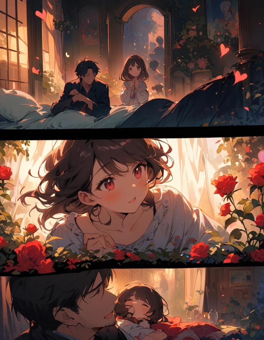 Midsummer afternoon、A cool-dressed daughter is handing her father a red rose in a room。The room is filled with a calm atmosphere.、My daughter looked a little embarrassed.、And he has a happy look。on the other hand、The father smiled kindly、Accepting a rose from his daughter。This momentary warm scene、It seems to be deeply engraved in their hearts.。