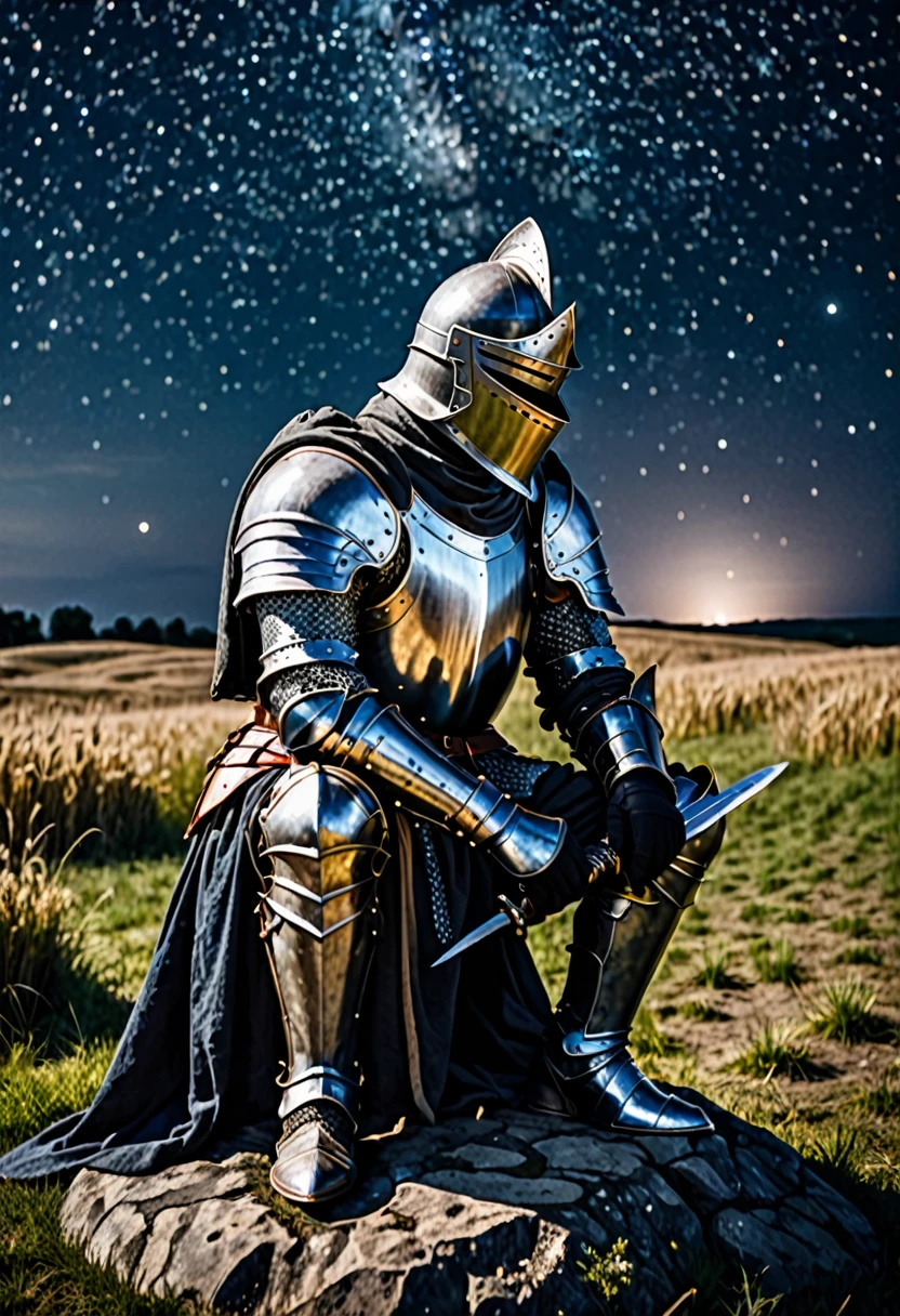 A knight in armor sits on a stone, head down, he is sad and thinks, in his hands is a sword that is in the ground, dark starry sky in the sky, field in the distance