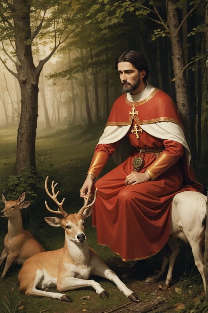 Saint Humberto, Catholic patron saint of hunters, kneeling of a deer, burning cross