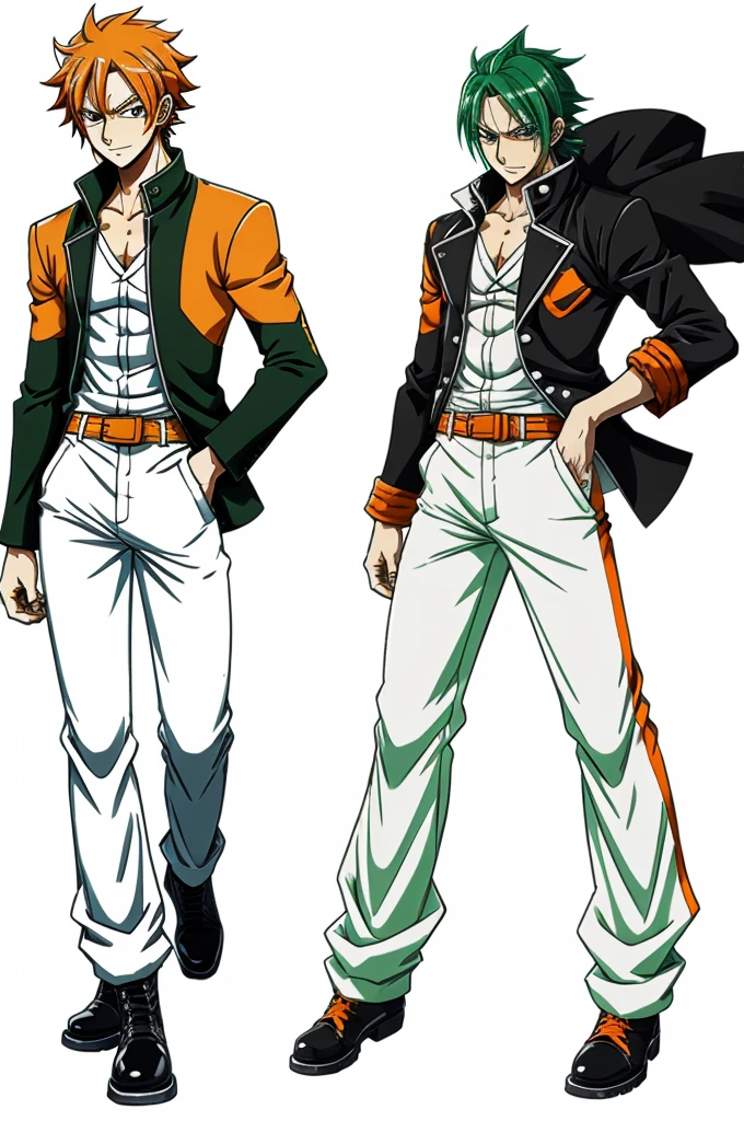 sprite of one, green haired man, black jacket, white shirt and (orange pants) and boots, in a hurry, colorless background, inspired by anime spritesheet, with character design, consistent clothing and colors, and realistic body proportions. , walking one piece style