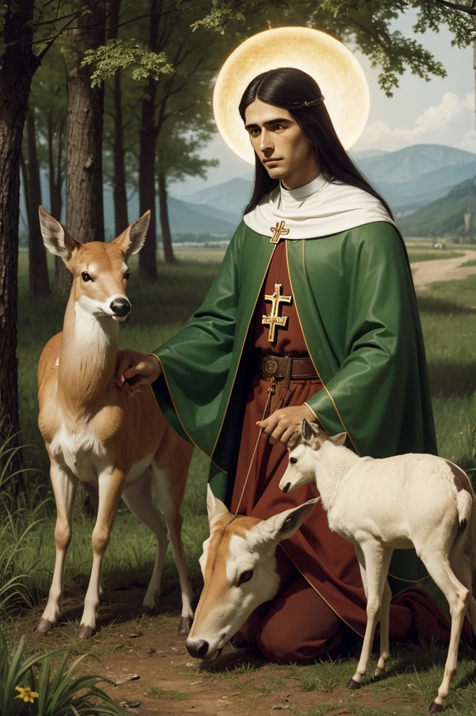 Saint Humberto, Catholic patron saint of hunters, kneeling of a deer, burning cross 