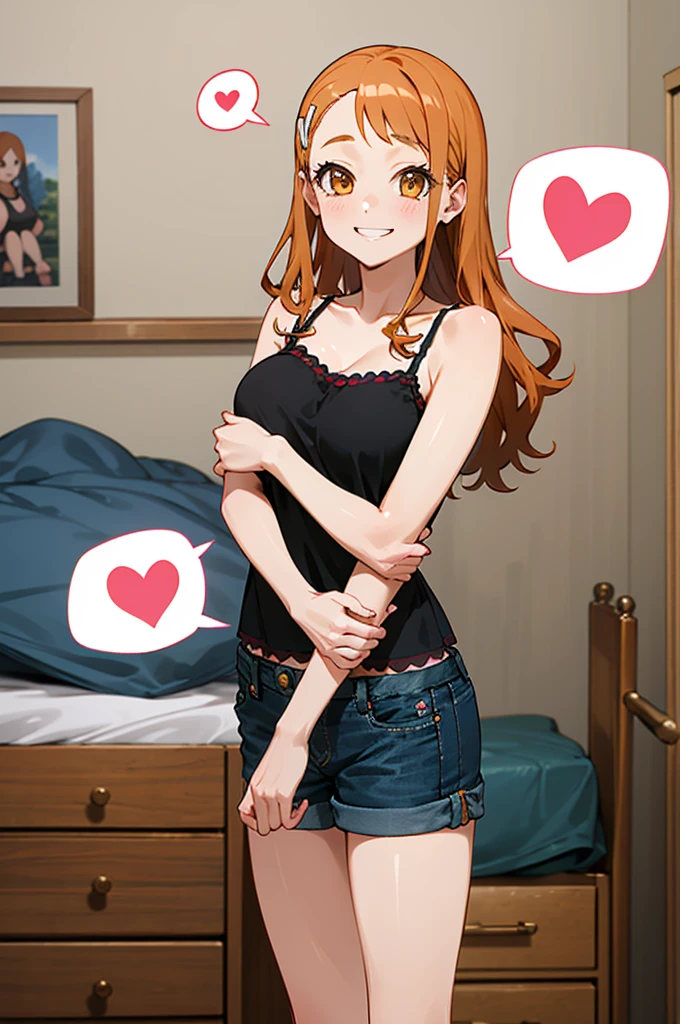 masterpiece, best quality, highres, 1girl, anjou naruko, hairclip, large breasts, , my room,camisole,denim shorts,,,looking viewer,,spoken heart,,(petite),,thigh,grin,