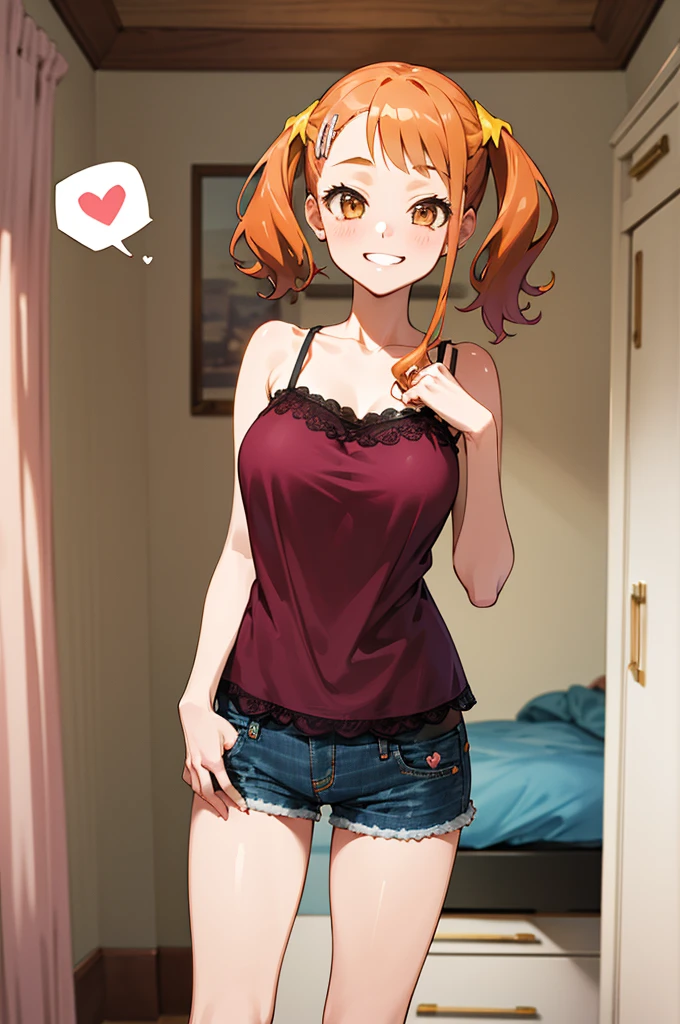 masterpiece, best quality, highres, 1girl, anjou naruko, hairclip, large breasts, , my room,camisole,denim shorts,,,looking viewer,,spoken heart,***,(petite),,thigh,grin,