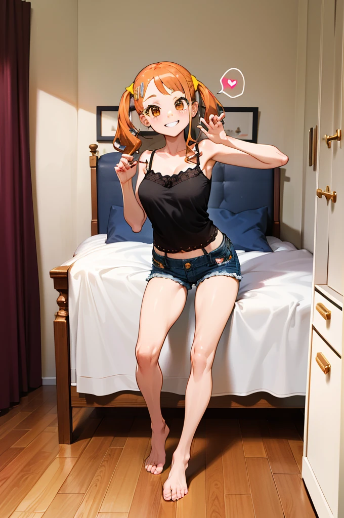 masterpiece, best quality, highres, 1girl, anjou naruko, hairclip, large breasts, , my room,camisole,denim shorts,,,looking viewer,,spoken heart,6yo,(ite),,thigh,grin,