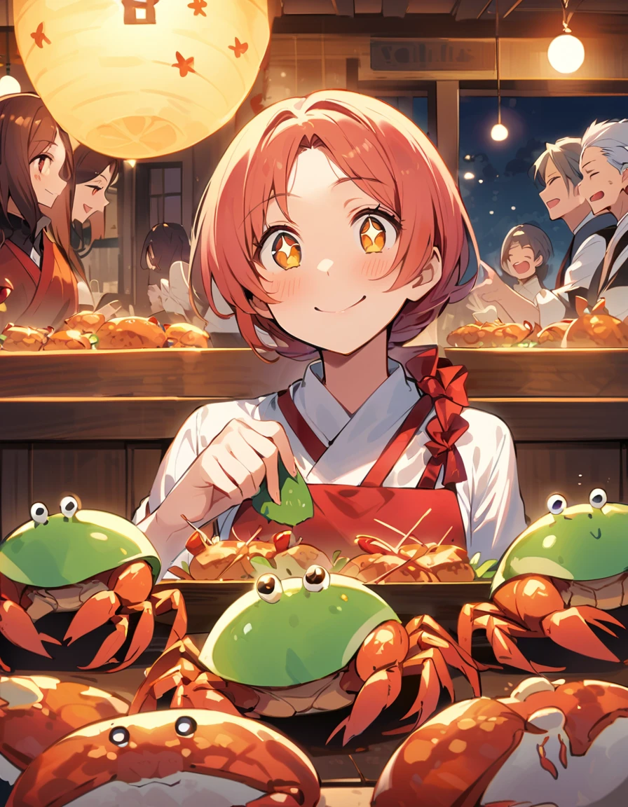 On the tables of a crab specialty restaurant、A large number of crabs are lined up in a small space。The woman who witnessed the scene、With sparkling eyes、A happy expression on his face。They can't hide their excitement and anticipation.。With the smell of crab in the air、Her eyes were filled with excitement at the delicious food.、I'm enjoying the moment to the fullest.。