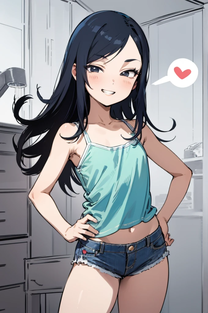 (masterpiece, best quality, detailed), 1girl, solo, camisole,denim shorts,my room
kurihara mari, , , hands on hips, smile, parted lips  ,,looking viewer,,spoken heart,6yo,(ite),,thigh,grin,