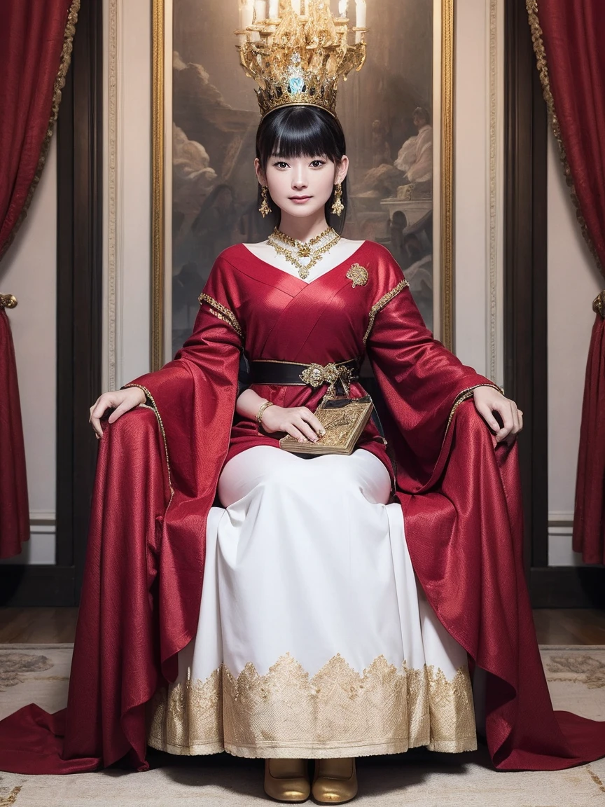 (Ultra-high resolution), (masterpiece), (Attention to detail), (high quality), (最high quality) , One Girl, blunt bangs, bangs,, Medieval Queen, Throne, Gorgeous dress, Gold embroidery, gemの冠, silk, velvet, Royal Robes, Ruby, sapphire, royal palace, marble, crown, gem, Luxury Background, Pillar, Tapestry, knight, candlestick, mural, full body