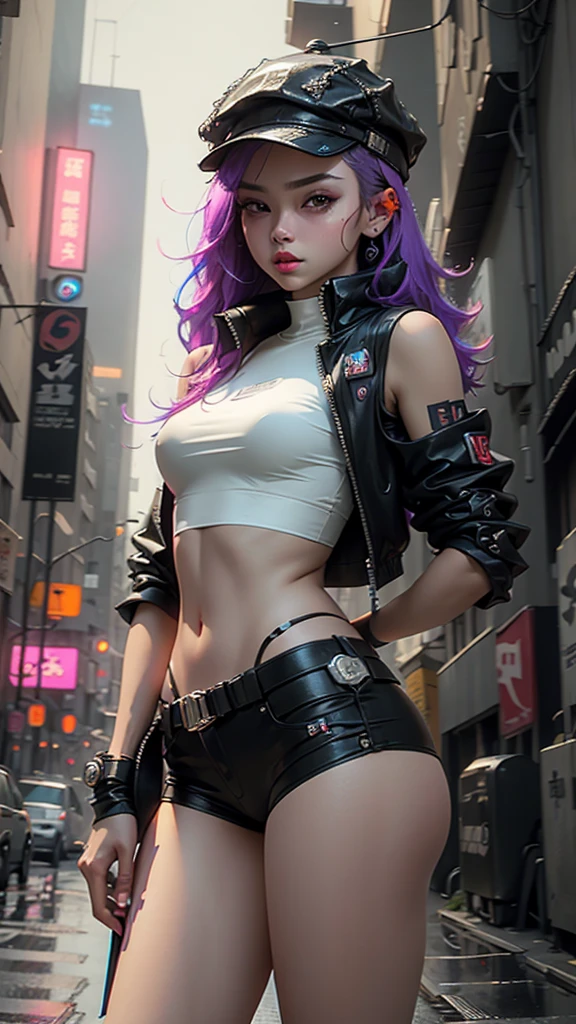 Beautiful woman medium hair, wearing cap, cyberpunk style short clothes