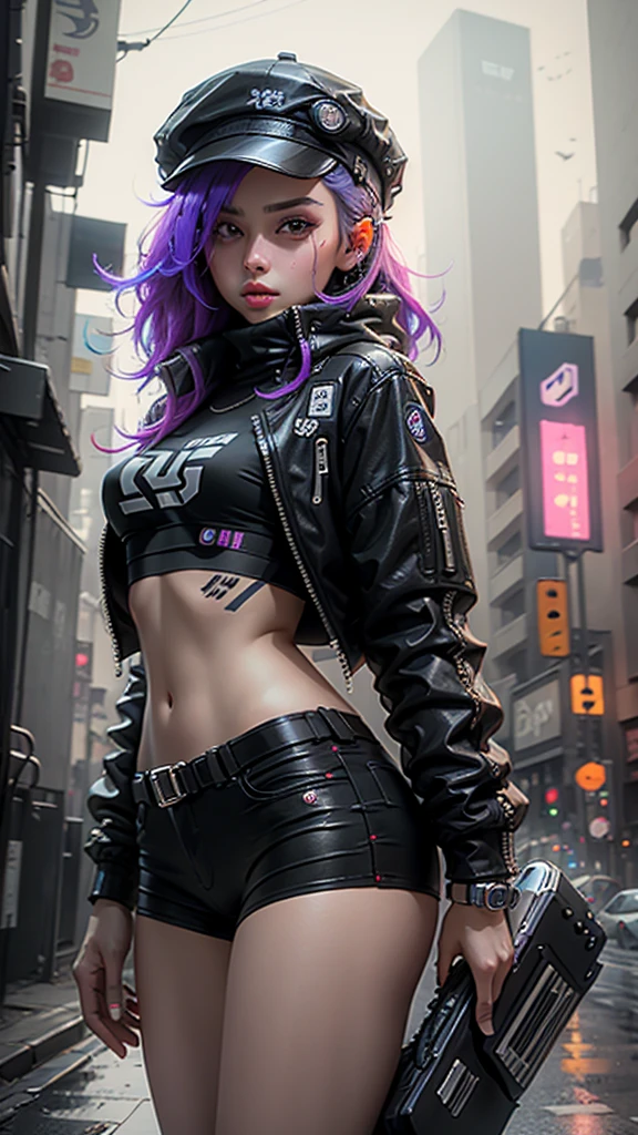 Beautiful woman medium hair, wearing cap, cyberpunk style short clothes