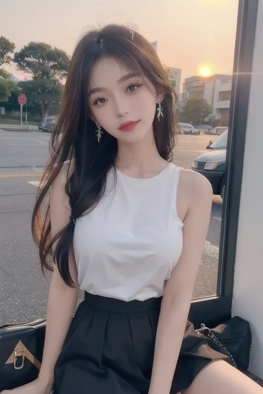 1 beautiful girl, Sad girl, Sit by the window, Long Hair, 18-year-old, A beautiful face without blemishes, Rosy Face, Earrings, Brown eyes, Thin eyebrows, The most thorough makeup is the eyelashes, Pink lipstick, lips , Elegant smile, The breasts are full and round, Slim waist, moderately large butt, Long legs, Please wear a thin white shirt that reaches down to your waist., Wearing a black skirt, Thighs, Long Hair, One afternoon, The sun is setting, The sky is orange, Sunny sunset background image, Quality Best image quality, 8K quality, Real Girls, artwork, whole body
