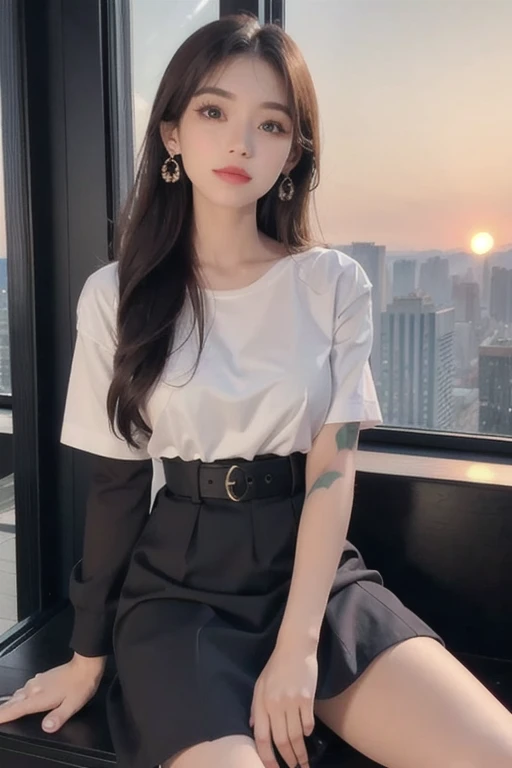 1 beautiful girl, Sad girl, Sit by the window, Long Hair, 18-year-old, A beautiful face without blemishes, Rosy Face, Earrings, Brown eyes, Thin eyebrows, The most thorough makeup is the eyelashes, Pink lipstick, lips , Elegant smile, The breasts are full and round, Slim waist, moderately large butt, Long legs, Please wear a thin white shirt that reaches down to your waist., Wearing a black skirt, Thighs, Long Hair, One afternoon, The sun is setting, The sky is orange, Sunny sunset background image, Quality Best image quality, 8K quality, Real Girls, artwork, whole body